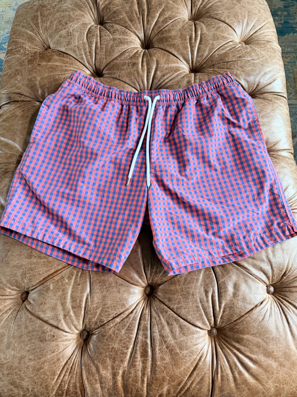 Bonobos Men’s Swim Trunks Rust Blue Gingham Check Swim Shorts Size Large